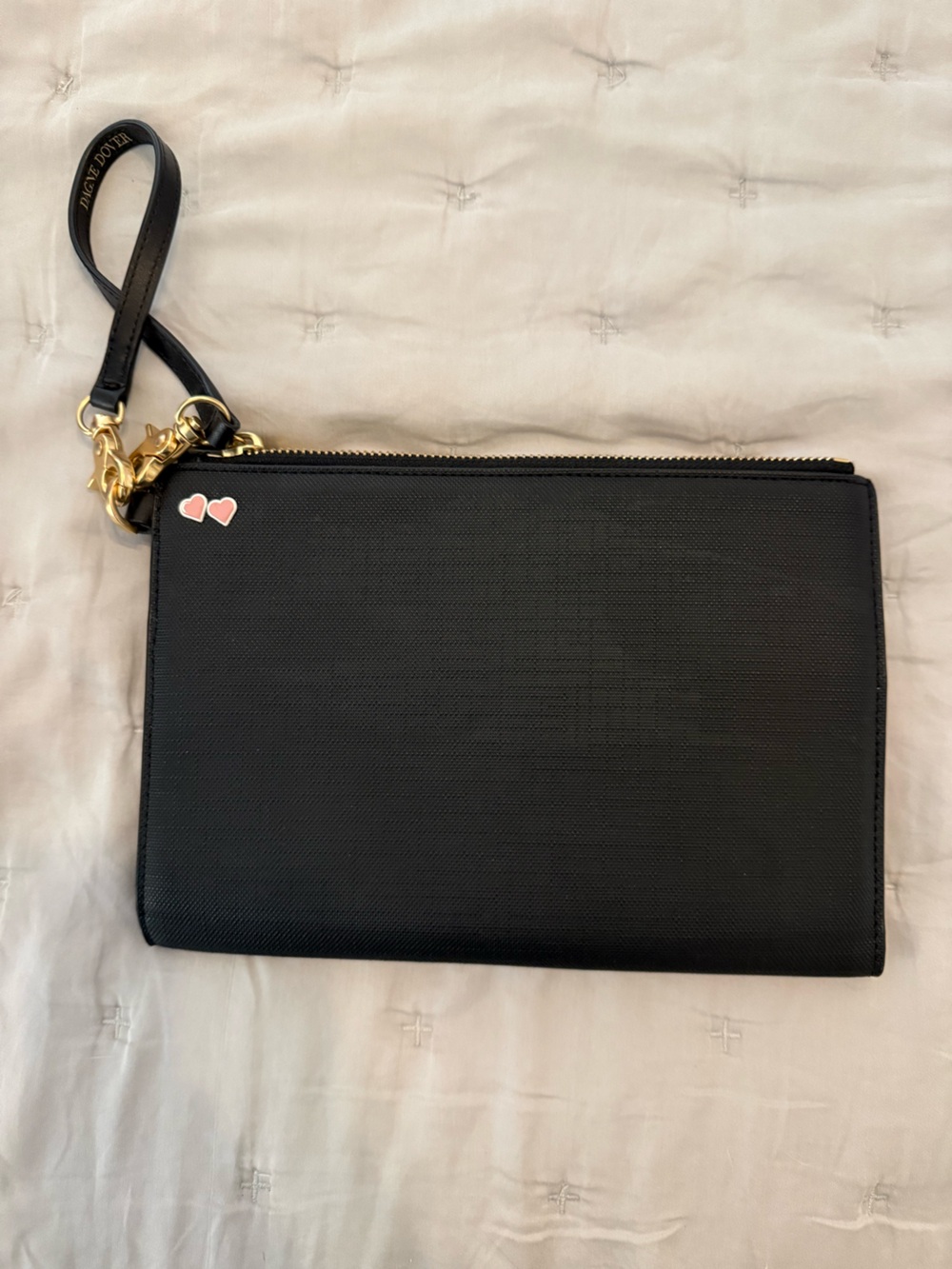 Dagne Dover Black Wristlet Clutch with Gold Hardware and Pink Heart Accents